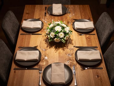 Editorial overhead of a private dining table set for eight — matte charcoal plates, folded cream linen napkins, and a single low floral arrangement under directed warm studio light