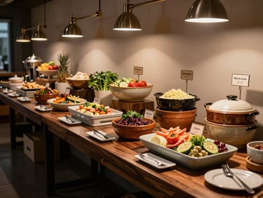 Wide buffet spread on a long dark wood table — ceramic serving vessels, labeled stations with seasonal ingredients, warm overhead track lighting, no guests present