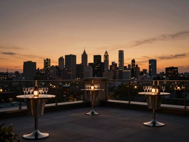 Rooftop terrace set for a private celebration at dusk — small round tables with champagne buckets, city skyline silhouetted against deep amber sky, glassware catching last light, no guests, intimate and architectural