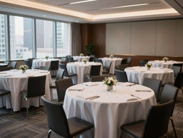 Wide shot of a corporate event room — rows of precisely set round tables with white linen, low centerpieces, and city window light entering from the left, no attendees