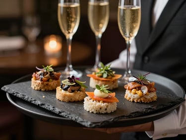 Close-up of a butler-passed appetizer tray — dark slate tile holding four precisely garnished bites, champagne flutes blurred softly in the background, amber candlelight