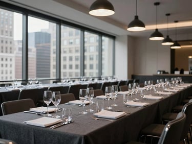 Sleek corporate gala setup in a Midtown Manhattan event space — long banquet tables with charcoal linen runners, polished stemware catching overhead pendant light, architectural city-view windows in background, no guests, clean geometric room lines