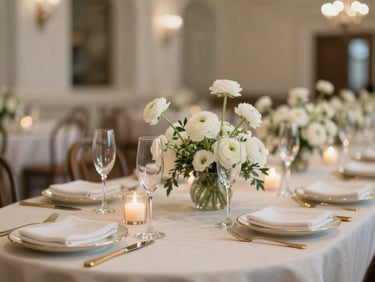 Close-up of an elegantly set wedding reception table — champagne flutes, white ranunculus centerpiece, gold flatware on cream linen, soft amber candlelight, no guests present, architectural ballroom blurred behind