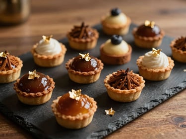 Close-up of a holiday dessert spread — dark slate serving board with spiced tartlets, glazed petit fours, and scattered gold leaf under warm amber studio light