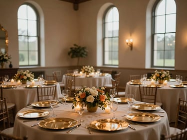 Intimate chapel reception hall set for a wedding dinner — round tables draped in ivory linen, low floral centerpieces, candlelight reflecting off gold-rimmed charger plates, room empty and poised, warm amber glow through tall windows
