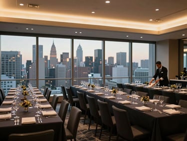 Wide view of a corporate gala room set for dinner — long dark tables with precise place settings, city skyline visible through floor-to-ceiling windows at dusk, warm amber overhead lighting, no guests, one event staff member arranging glassware in the far background