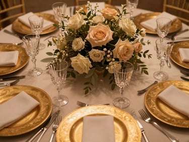 Overhead close-up of an ornate wedding reception table — crystal glassware, cream florals, and gold charger plates under warm amber studio light, no guests present