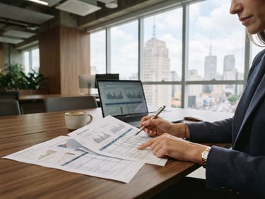 Modern, organized workspace in São Paulo with hands reviewing financial documents, soft natural daylight from large windows, muted navy and warm wood tones, professional 35mm.