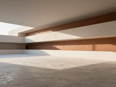 Interior of a modern architectural skating rink, clean lines, polished concrete and custom pigmented walls, 35mm