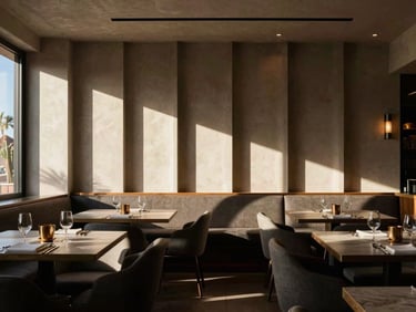 Sleek upscale restaurant interior in Scottsdale, dramatic architectural shadows, high-contrast finish, 35mm