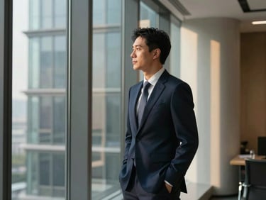 Confident executive in a modern, architectural office, looking out a large window in quiet reflection, subtle shadows, crisp natural window light, deep navy and subtle gold tones, sharp focus, 35mm.