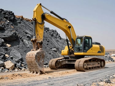 Medium excavator operating a hydraulic breaker on a rocky hillside road project in Riyadh, bright daylight