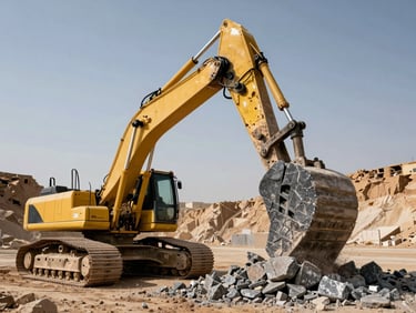 Huge mining excavator with a massive heavy hydraulic breaker cracking solid granite in a Saudi quarry, low angle