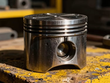 Precision-machined steel piston for a hydraulic hammer, metallic reflections, oil film, dramatic low-key workshop lighting