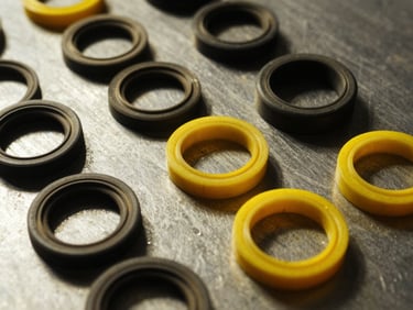 Close-up of high-durability rubber and polyurethane hydraulic seal rings, organized on a clean dark metal surface, high-contrast yellow lighting