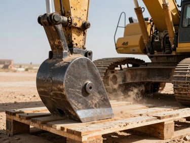 Close-up of a massive steel chisel for an excavator breaker, resting on a wooden pallet, harsh desert sunlight, dust particles visible, industrial texture