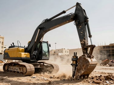 A compact excavator working with a small hydraulic breaker in an urban Saudi construction site, dusty air, high contrast