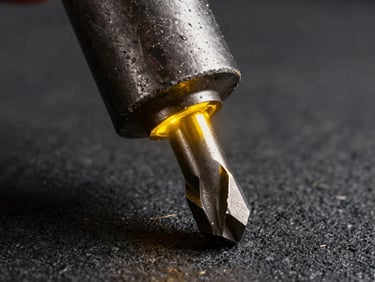 Macro shot of a heavy steel hydraulic breaker chisel tip, glowing yellow highlights from industrial workshop lighting, dark charcoal background, rugged texture, 35mm photography