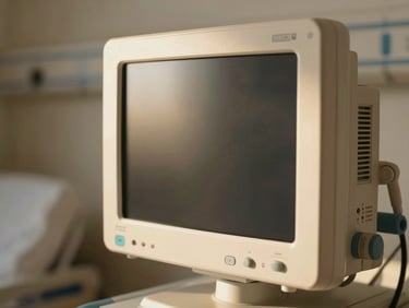 Close-up of a modern medical monitor in a clean hospital room, soft natural light