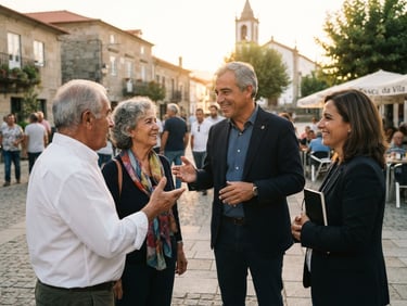Warm environmental portrait of Rafael Martins conversing with community leaders in a town square, golden hour light, natural documentary style