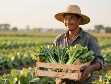 A smiling farmer wearing a straw hat holding a crate of fresh green vegetables in a sunny field