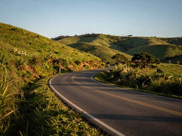 An asphalt road curving through lush green hills of Minas Gerais under blue sky
