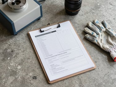 Close overhead shot of a clipboard with a printed inspection checklist and clearance testing form resting on a concrete floor next to sampling equipment, work gloves nearby, job-site documentation in progress