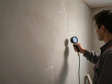 Wide shot of a technician using a moisture meter against a drywall surface in a dim interior room, gauge visible in hand, work light illuminating the wall, job-site environment clearly visible