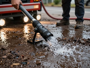 Close-up of truck-mounted extraction wand pulling standing water from a saturated carpet, hose under tension, water visibly flowing, tungsten work lights illuminating the wet floor around the crew member's boots