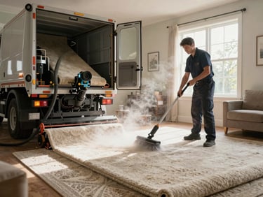 Wide shot of truck-mounted carpet cleaning unit connected via hose through an open front door, technician guiding cleaning wand across living room carpet mid-stroke, natural window light from the right, steam visible rising from carpet surface