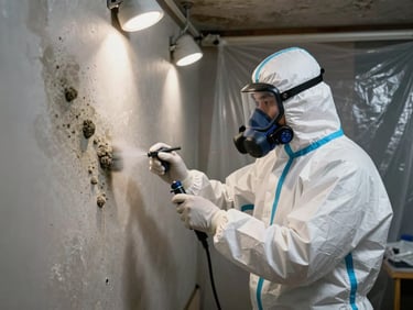 Technician in full protective suit and respirator applying mold remediation treatment to a basement wall, visible mold colony on drywall to the left, work lights casting hard shadows, containment plastic sheeting behind the worker