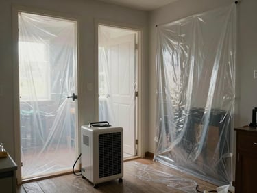 Environmental wide shot of a containment zone inside a residential room, heavy plastic sheeting sealed across doorways and walls, HEPA air scrubber unit running in the foreground, negative pressure setup visible, natural light blocked