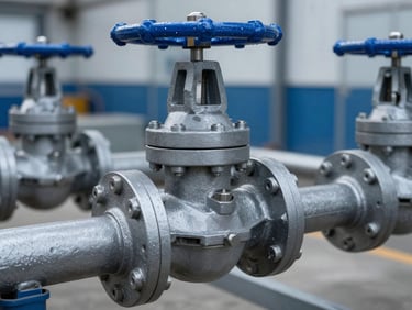 Close-up shot of heavy-duty industrial steel gate valves and flanges, metallic texture, clean warehouse setting, cool daylight, 35mm