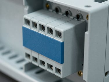 Close-up of precision electronic relays and control modules mounted on a DIN rail, technical detail, sharp focus, 35mm