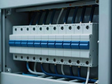 Macro shot of industrial electrical switchgear, neatly arranged circuit breakers and wiring, technical precision, cool blue tones, 35mm