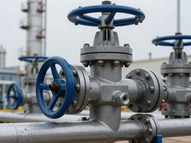 Macro shot of heavy-duty industrial mechanical valves and steel pipelines in an oil refinery, cool daylight, sharp focus, 35mm