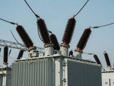High-voltage electrical transformers and power grid infrastructure under clean daylight, technical detail, cool slate gray tones, 35mm