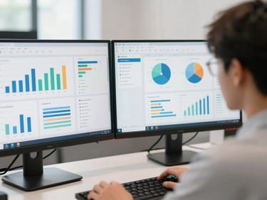 A medium close-up of a student focused on dual-monitor screens displaying modern marketing dashboards, bright neutral office daylight, clean professional environment.
