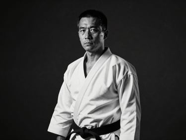 Black and white portrait of a mature karate sensei in a white gi, looking forward with calm authority, dark textured background, dramatic shadows.