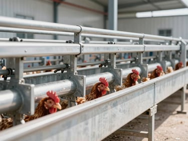Automated poultry feeding line with galvanized steel components in a clean, modern agricultural facility, bright daylight, 35mm.
