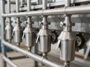 Close-up of clean stainless steel milking machinery pipelines in a modern dairy facility, bright natural daylight, sharp focus, 35mm.