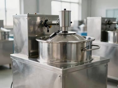 Commercial honey extraction centrifuge machine made of polished stainless steel, clean industrial warehouse setting, bright natural light, 35mm.