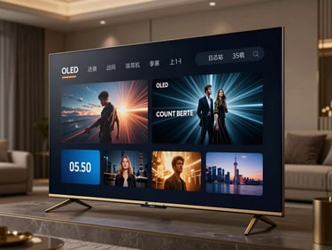A close-up of a bezel-less OLED TV showcasing a dark, futuristic media interface with precise gold accents, set in a low-lit luxury home theater.