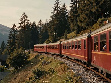 A historic train winding through the Swiss Alps, pine forests below, soft golden-hour light, organic earthy tones, 35mm film aesthetic.