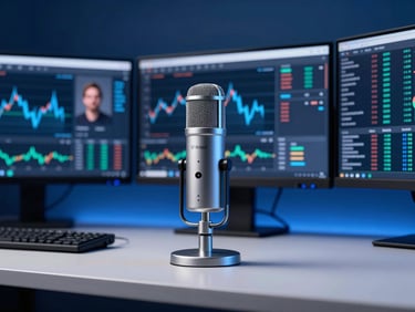 A professional webinar setup with a high-quality microphone and multiple monitors displaying live market data, cool-toned deep blue background