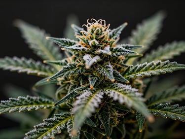 Extreme macro shot of bright green sativa flower with frosty trichomes catching warm directional light.