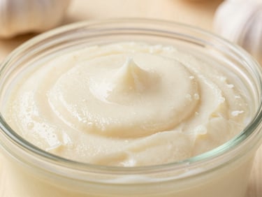 Close-up of smooth white garlic paste in a professional kitchen container, soft daylight