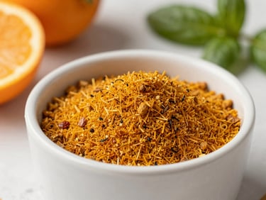 Mezcla fina de sazonador color ocre en un tazón de cerámica claro, rodeado de ingredientes frescos, enfoque selectivo.