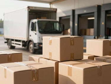 Clean delivery truck fleet at a modern loading dock, morning light, organized cardboard boxes.