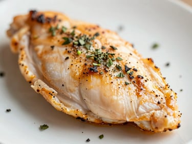 Close-up of golden seasoned chicken breast, fresh herbs scattered, warm daylight.